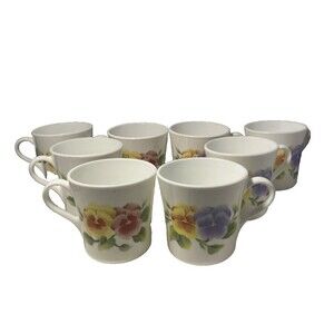 8  CORELLE SUMMER BLUSH Pansies Coffee Mugs Pansy Purple Great Vintage Condition